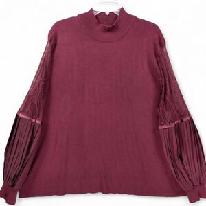 Belldini Plus 3X Top Burgundy Mock Neck Sweater Lace Chiffon Pleated Romantic